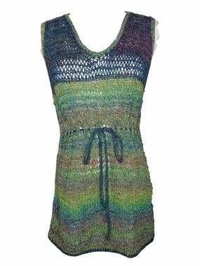 Vintage Green Blue Multicolor Crochet Mini Dress Coverup Top Beach Summer Boho
